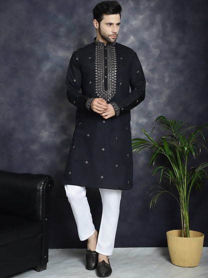 Jompers Men's Sequins Embroidered Kurta - Black