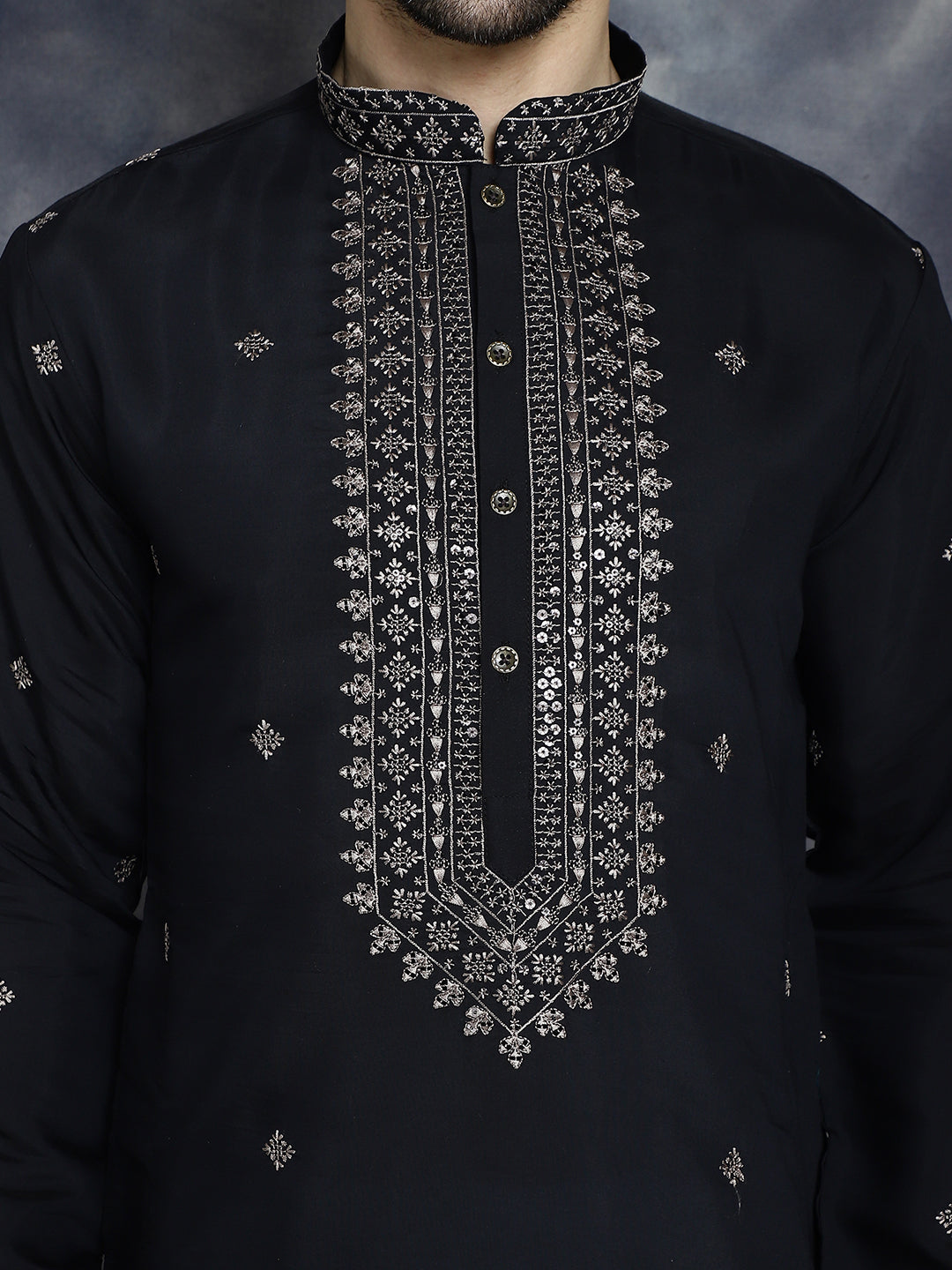 Jompers Men's Sequins Embroidered Kurta - Black