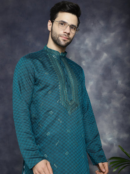 Jompers Men's Sequins Embroidered Kurta - Teal
