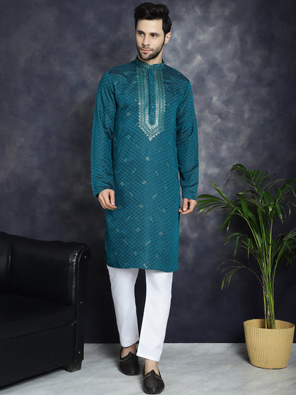 Jompers Men's Sequins Embroidered Kurta - Teal