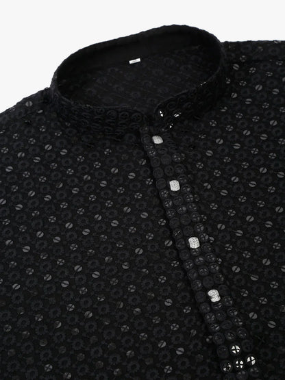 Jompers Men's Black Chikankari Embroidered and Sequence Kurta Only