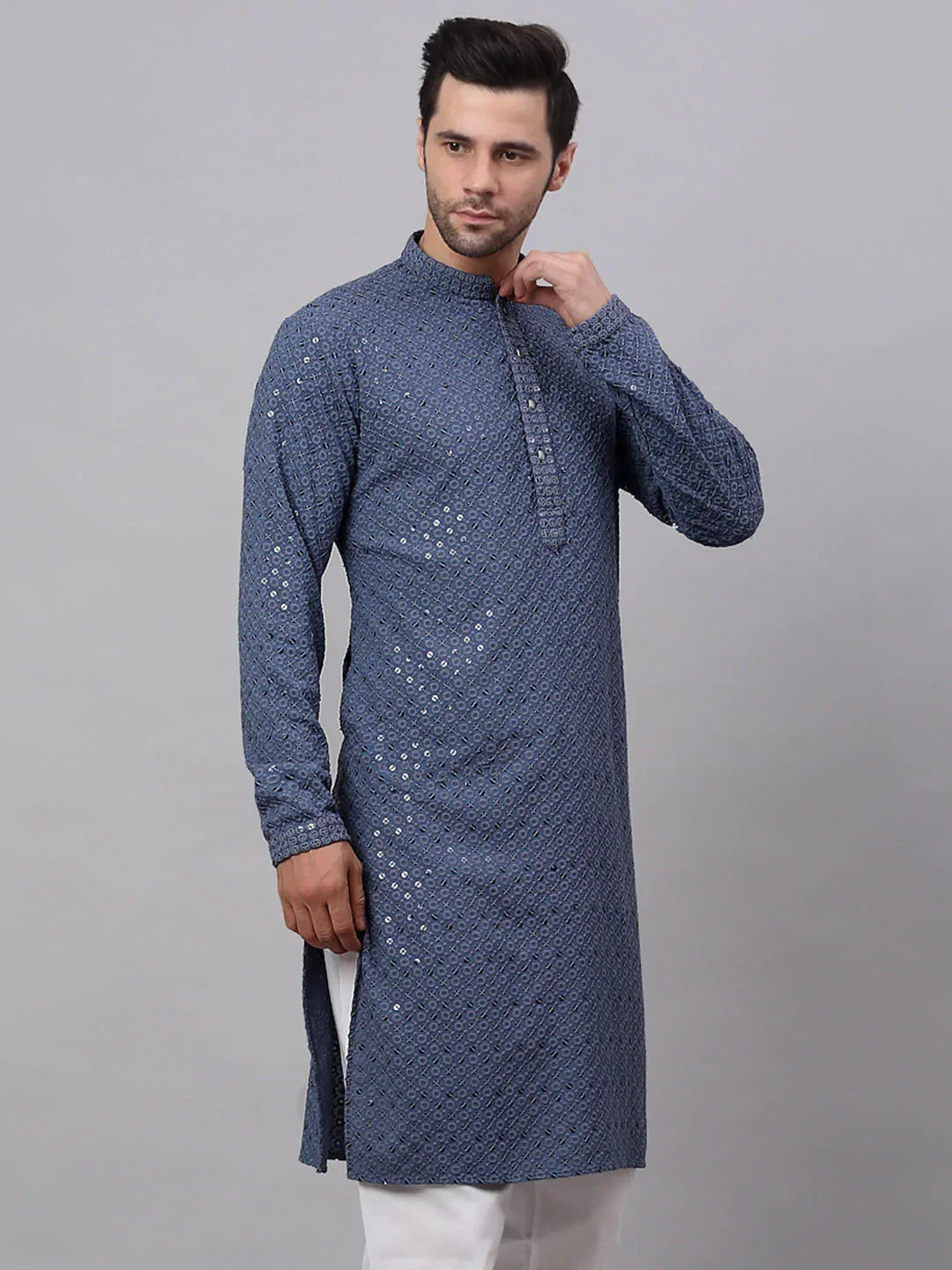 Jompers Men's Grey Chikankari Embroidered and Sequence Kurta Only
