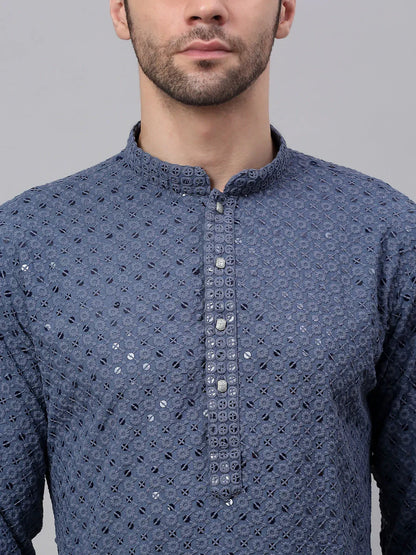 Jompers Men's Grey Chikankari Embroidered and Sequence Kurta Only