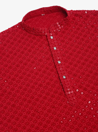 Jompers Men's Maroon Chikankari Embroidered and Sequence Kurta Only