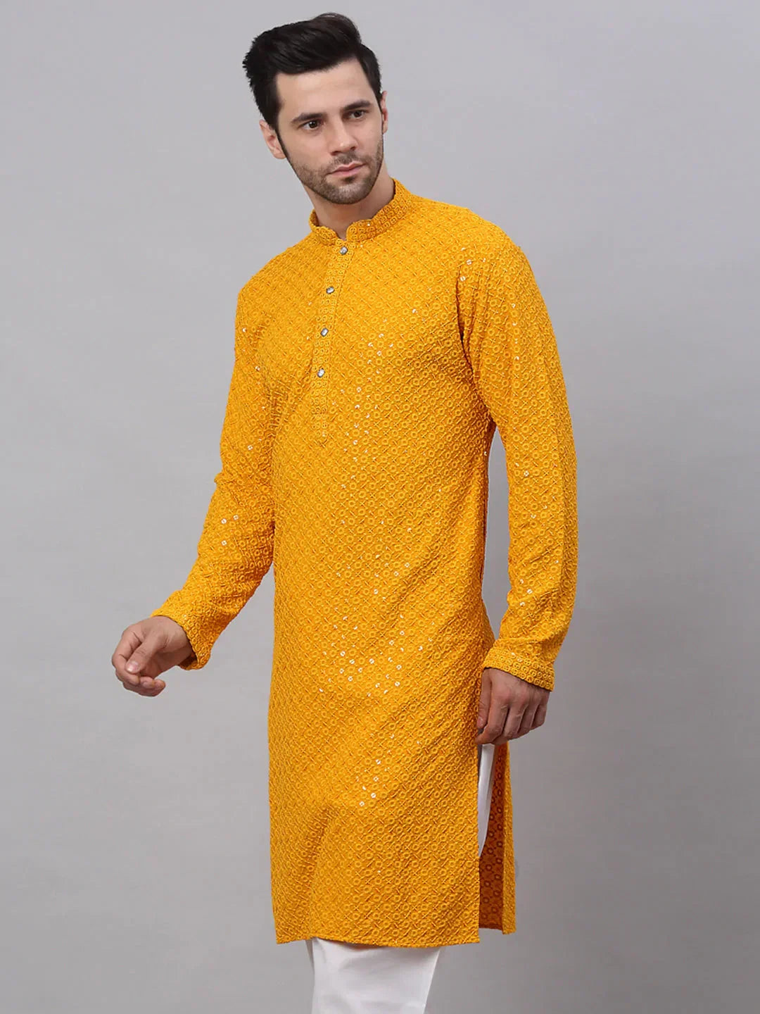 Jompers Men's Mustard Chikankari Embroidered and Sequence Kurta Only