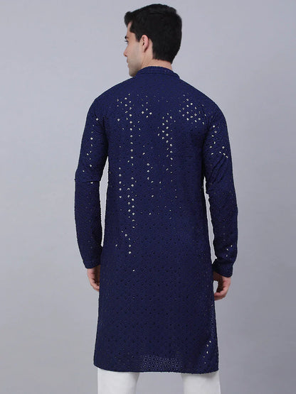 Jompers Men's Navy Blue Chikankari Embroidered and Sequence Kurta Only