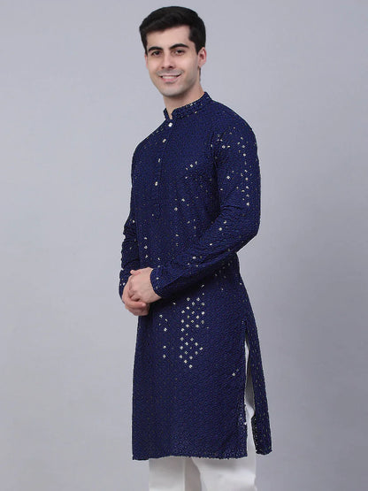 Jompers Men's Navy Blue Chikankari Embroidered and Sequence Kurta Only