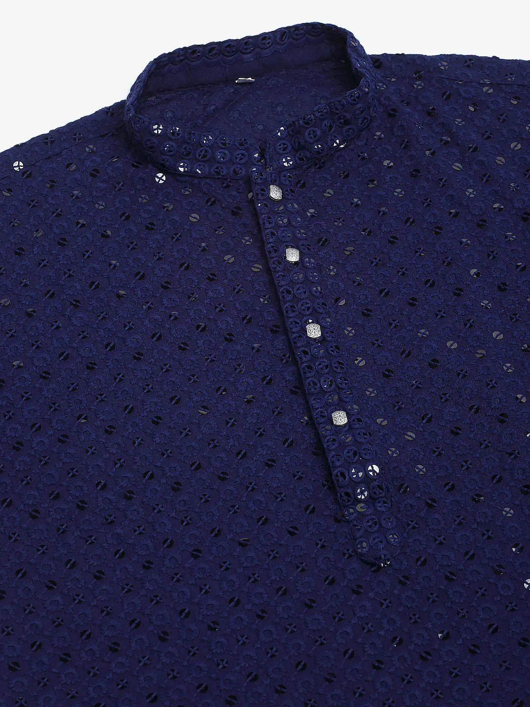 Jompers Men's Navy Blue Chikankari Embroidered and Sequence Kurta Only