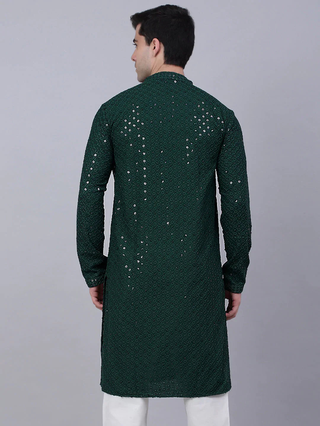 Jompers Men's Olive Green Chikankari Embroidered and Sequence Kurta Only