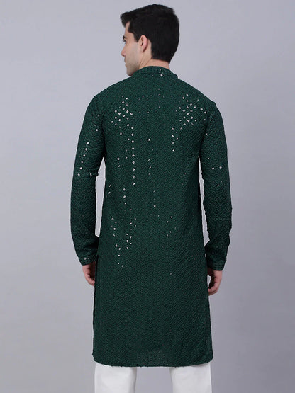 Jompers Men's Olive Green Chikankari Embroidered and Sequence Kurta Only