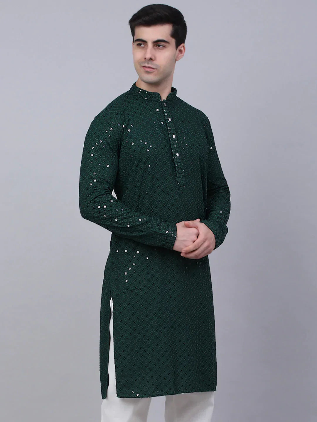 Jompers Men's Olive Green Chikankari Embroidered and Sequence Kurta Only