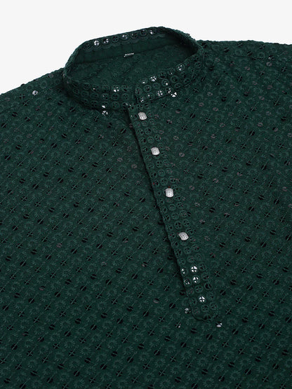 Jompers Men's Olive Green Chikankari Embroidered and Sequence Kurta Only