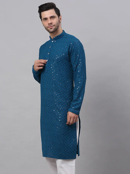 Jompers Men's Blue Chikankari Embroidered and Sequence Kurta Only