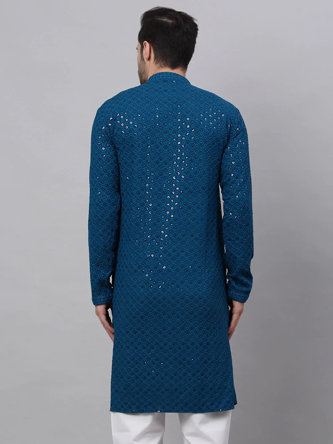 Jompers Men's Blue Chikankari Embroidered and Sequence Kurta Only