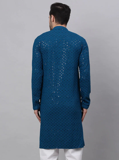 Jompers Men's Blue Chikankari Embroidered and Sequence Kurta Only