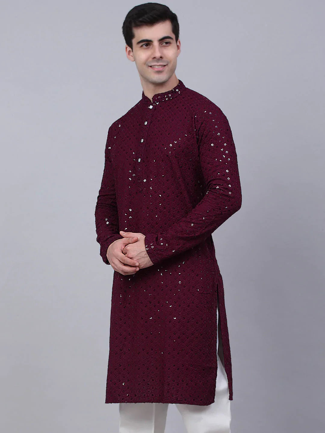 Jompers Men's Purple Chikankari Embroidered and Sequence Kurta Only