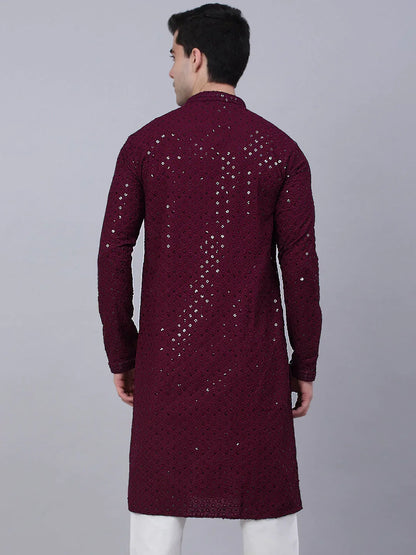 Jompers Men's Purple Chikankari Embroidered and Sequence Kurta Only