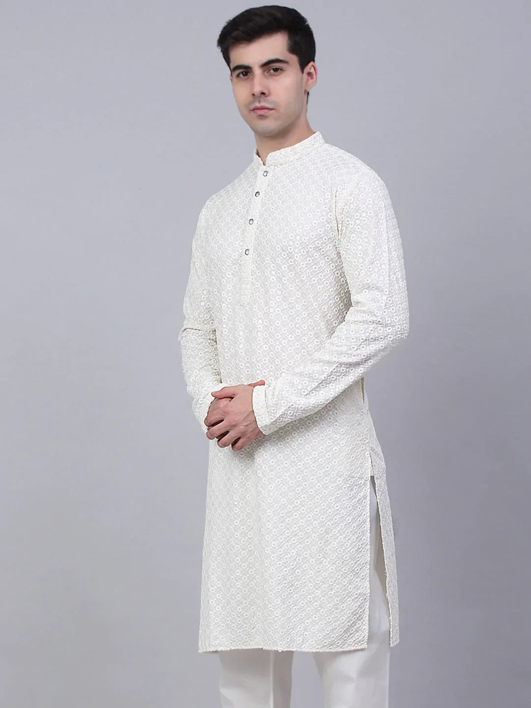 Jompers Men's White Chikankari Embroidered and Sequence Kurta Only