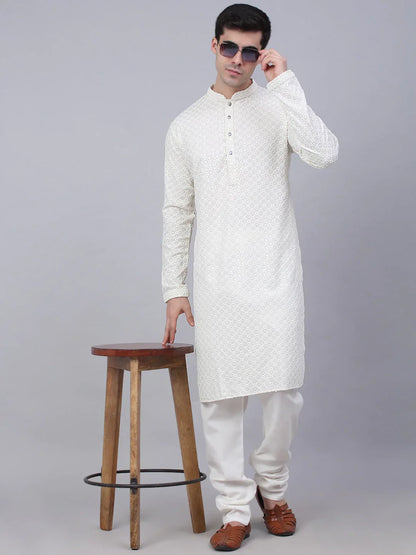 Jompers Men's White Chikankari Embroidered and Sequence Kurta Only