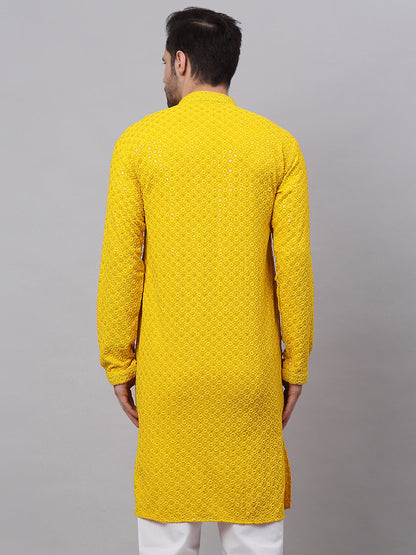 Jompers Men's Yellow Chikankari Embroidered and Sequence Kurta
