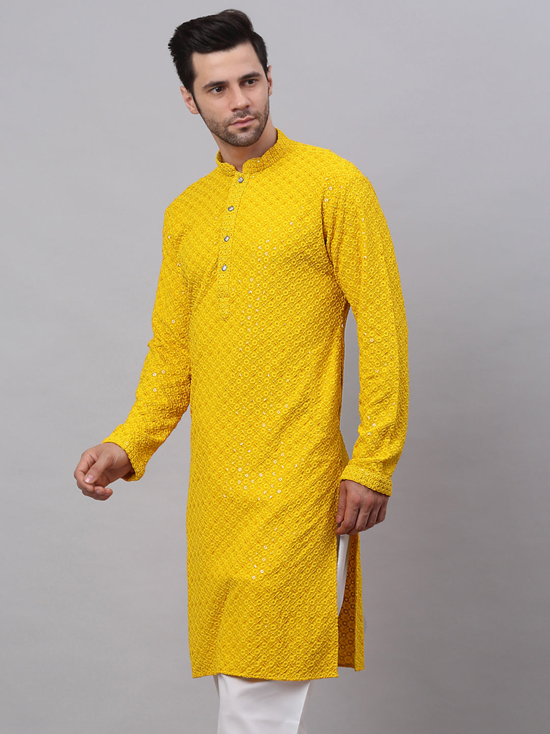 Jompers Men's Yellow Chikankari Embroidered and Sequence Kurta