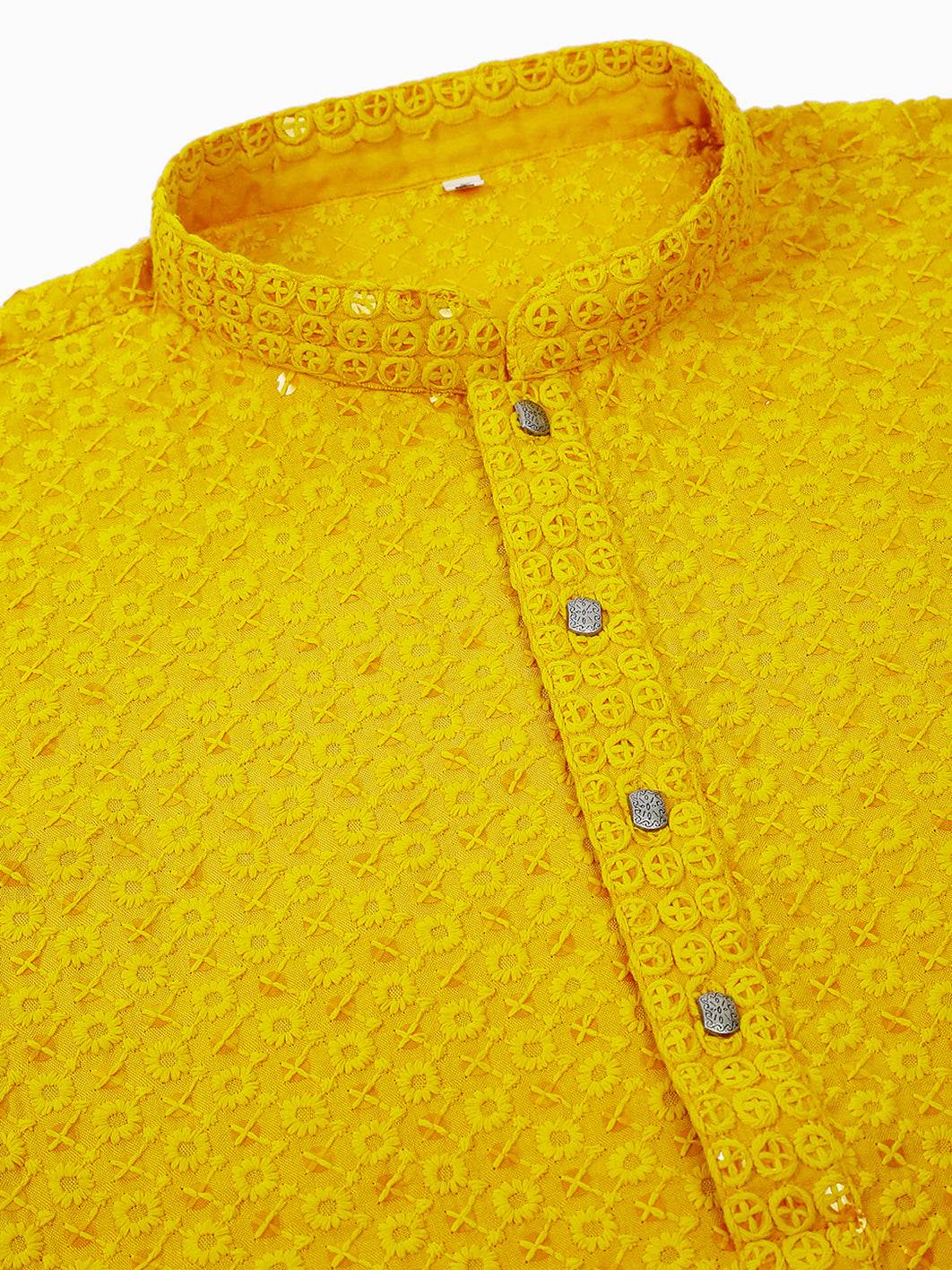 Jompers Men's Yellow Chikankari Embroidered and Sequence Kurta