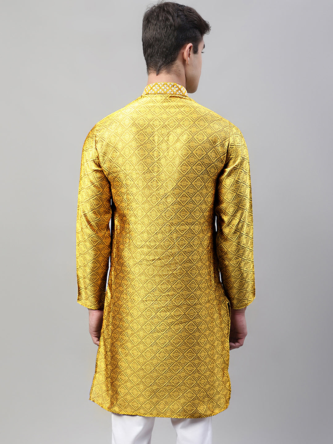 Jompers Men's Mustard Jacquard Silk Collar Embroidered Kurta