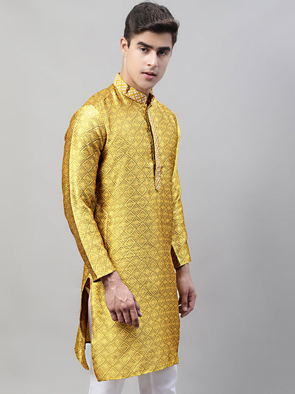 Jompers Men's Mustard Jacquard Silk Collar Embroidered Kurta