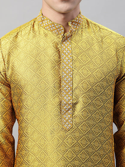 Jompers Men's Mustard Jacquard Silk Collar Embroidered Kurta