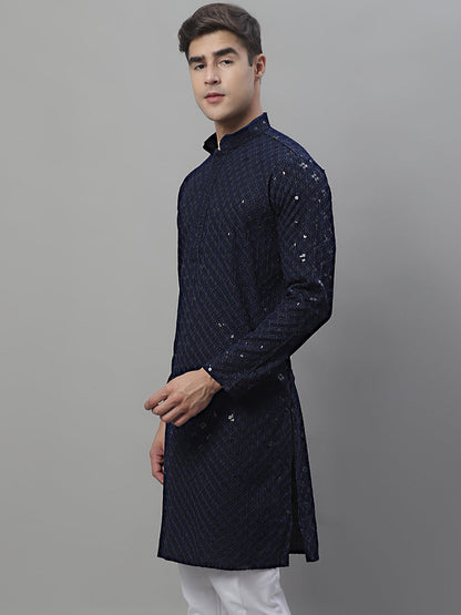 Jompers Men's Navy Blue Chikankari Embroidered and Sequence Kurta