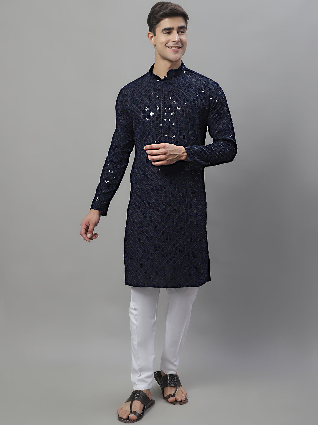Jompers Men's Navy Blue Chikankari Embroidered and Sequence Kurta