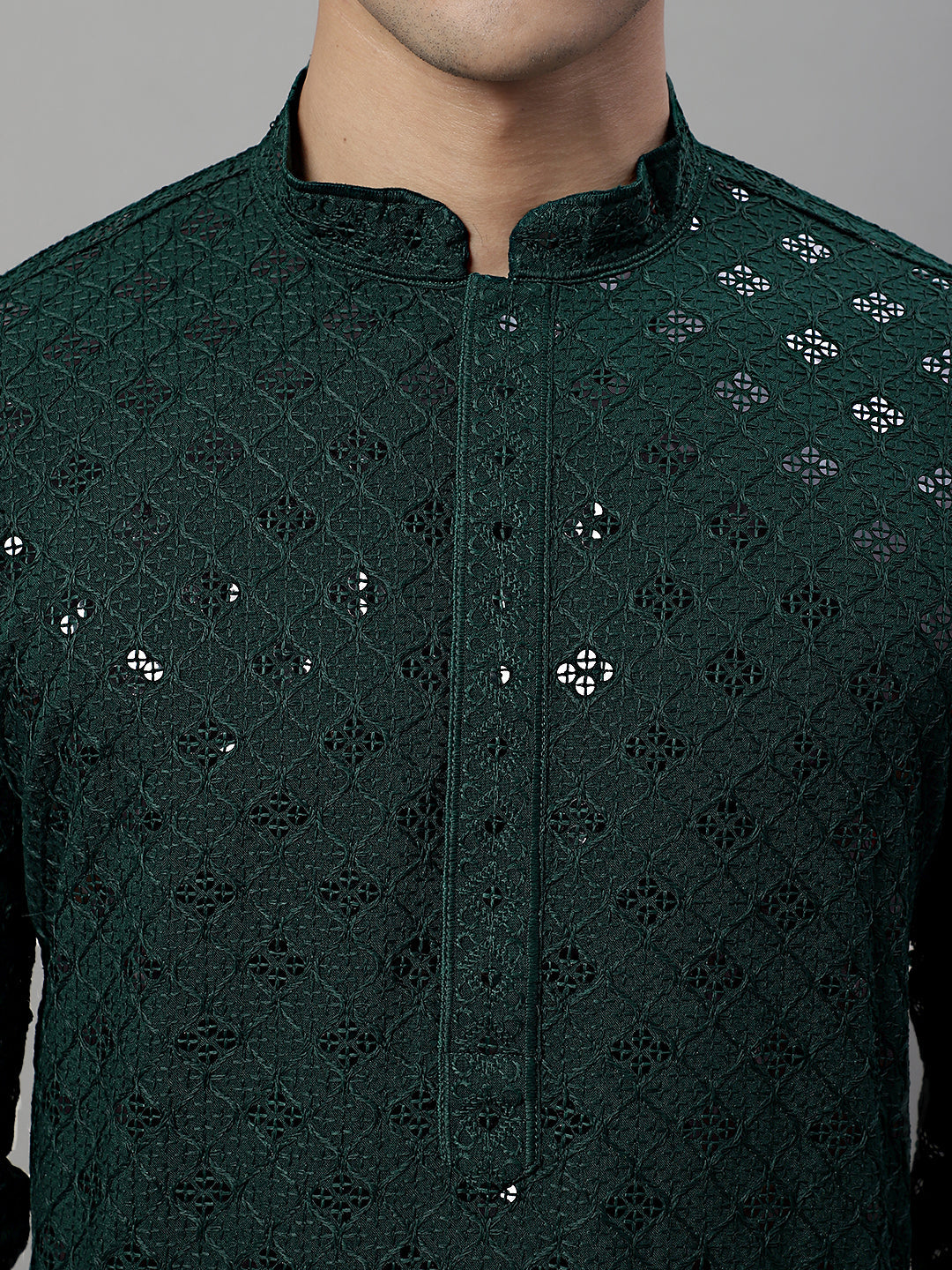 Jompers Men's Olive Green Chikankari Embroidered and Sequence Kurta