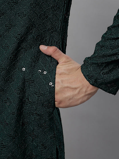 Jompers Men's Olive Green Chikankari Embroidered and Sequence Kurta