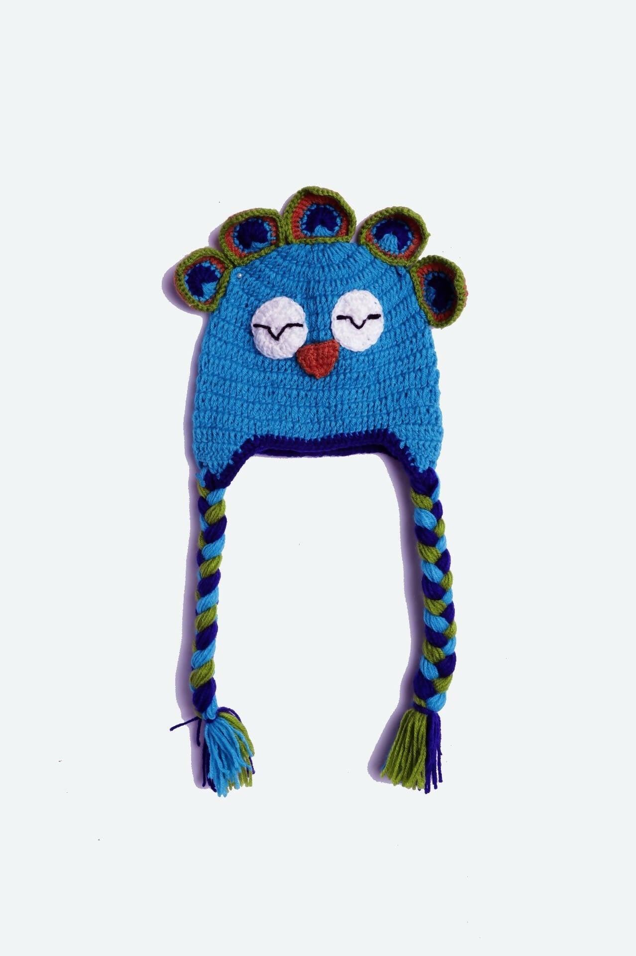 Chutput Kids Woollen Hand Knitted Peacock Face Detailed Cap - Blue