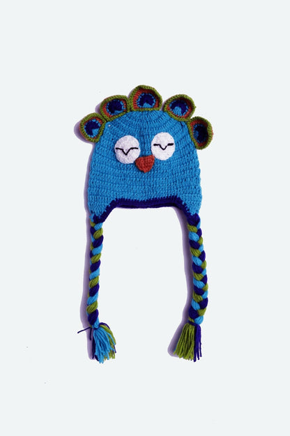 Chutput Kids Woollen Hand Knitted Peacock Face Detailed Cap - Blue