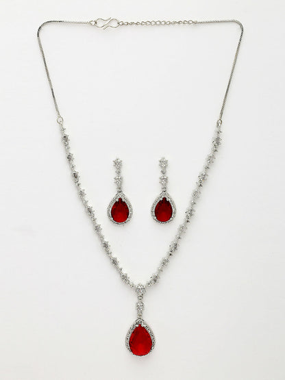 NVR Women's Silver-Plated Red American Diamond-Studded Handcrafted Jewellery Set