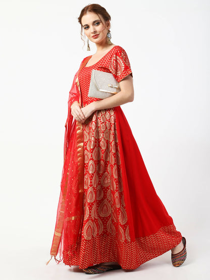 Cheera Women's Red Chanderi Silk & Rayon Hand Block Print Long Dress With Silk Dupatta Set