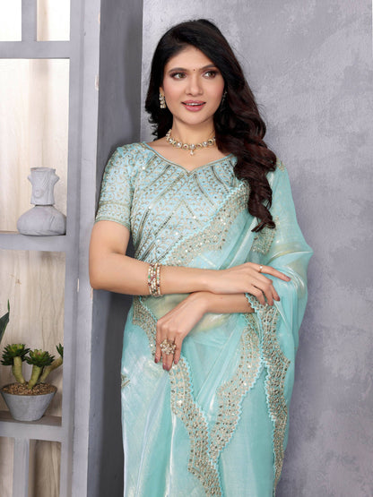 Vastranavya Sky Blue Embroidery Work Shimmer Chiffon Saree with Unstitched Blouse