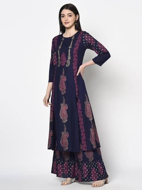 Aniyah Rayon Navy Blue Color Block Print A-line Flared Long Kurta Palazzo Set with Two Front Slits (AN-214K)