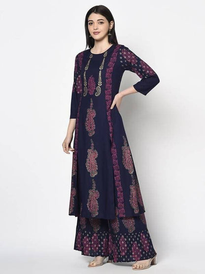 Aniyah Rayon Navy Blue Color Block Print A-line Flared Long Kurta Palazzo Set with Two Front Slits (AN-214K)