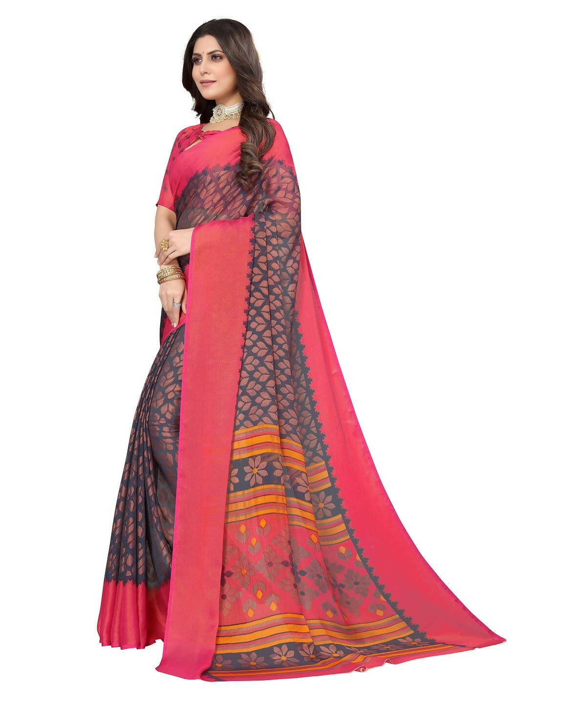 Vamika Grey Chiffon Brasso Bollywood Style Woven Saree (ALIZA GREY)