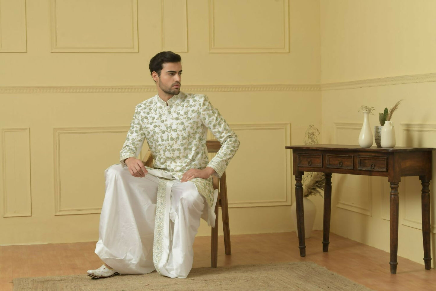 Off White Embroidered Sherwani by Hilo Design
