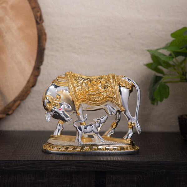 Svastika Vastu Kamdhenu Cow with Calf Idol 24K Gold & 999 Silver Plated