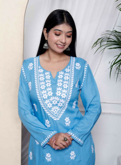 Miravan Women's Chikankari Embroidery Sky Blue Straight Kurta And Palazzo