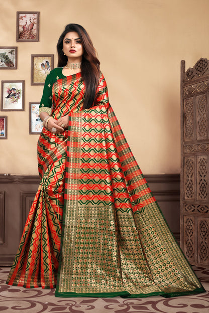 Vedant Vastram Litchi Silk Designer Banarasi Saree - Bottle Green