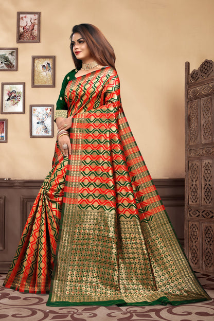 Vedant Vastram Litchi Silk Designer Banarasi Saree - Bottle Green
