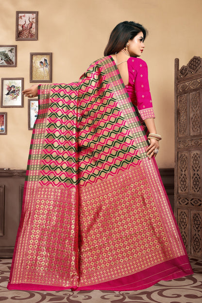 Vedant Vastram Litchi Silk Designer Banarasi Saree - Magenta