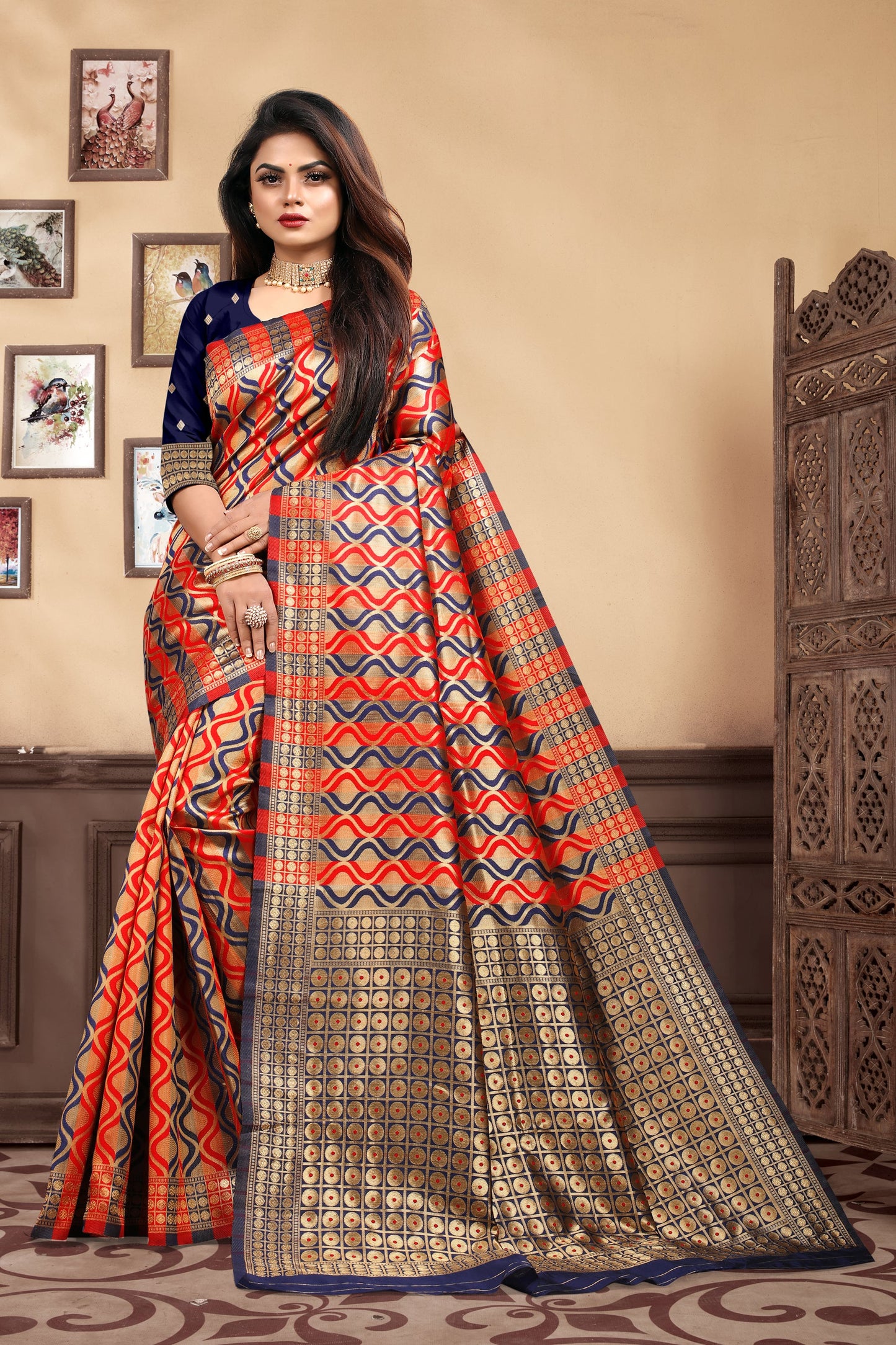 Vedant Vastram Litchi Silk Designer Banarasi Saree - Navy Blue