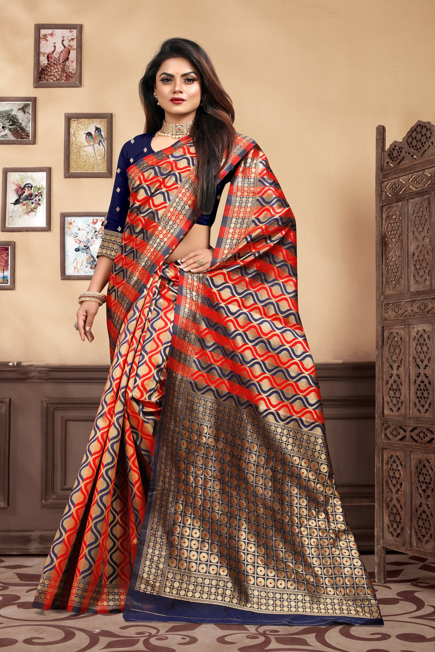 Vedant Vastram Litchi Silk Designer Banarasi Saree - Navy Blue