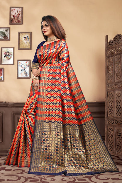 Vedant Vastram Litchi Silk Designer Banarasi Saree - Navy Blue